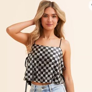 Buckle Black & Silver Checkered Sequin Crop Top Size Large